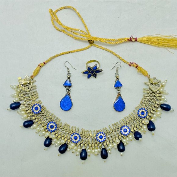Silver Kuchi Jewelry Set With Blue Glass Stones, Vintage Boho Kuchi Handmade Tri - Picture 4 of 15